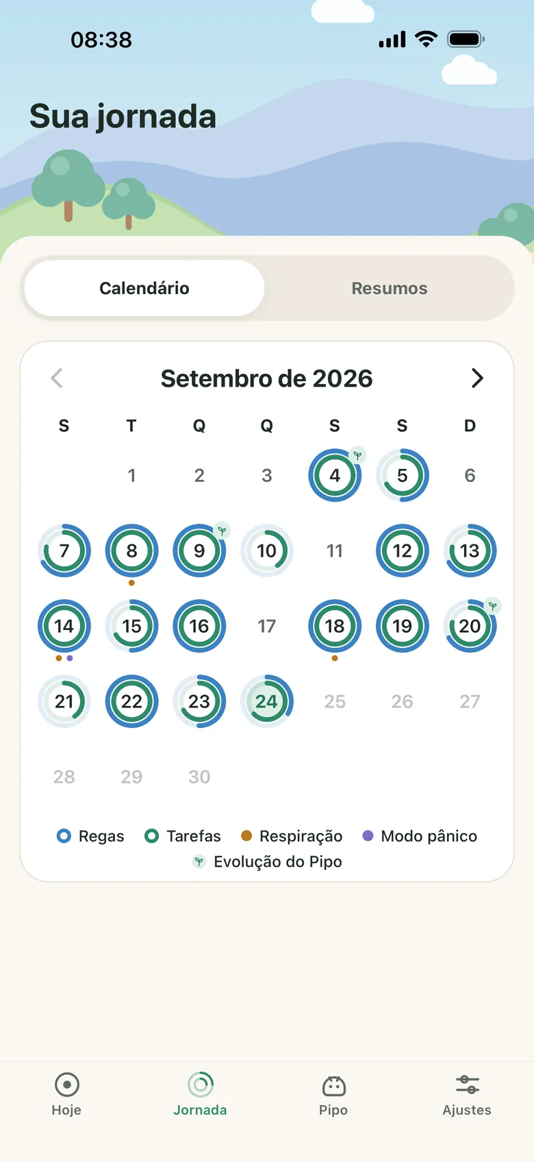 Tela Jornada, na aba Calendário (ao lado da aba Resumos): o mês de setembro, com um anel em cada dia mostrando as regas e as tarefas, e marcas de respiração, Modo pânico e evolução do Pipo.